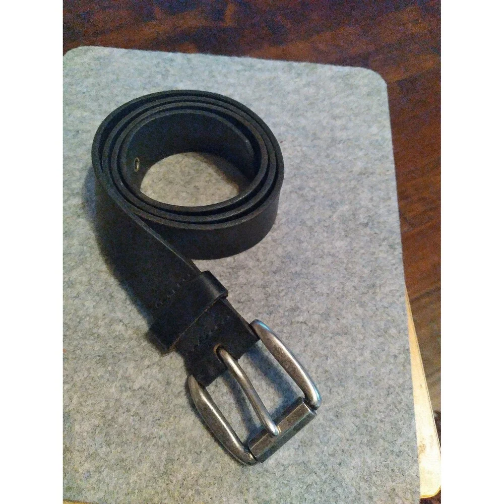 Classic Black Leather Belt‎ with Silver Double-Prong Buckle Casual Dress Belt